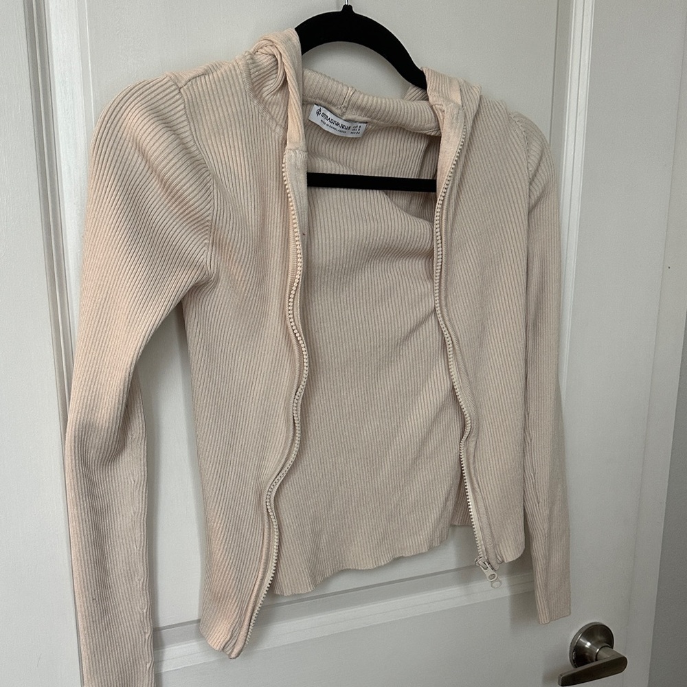 Cream Ribbed Zip-Up Cardigan